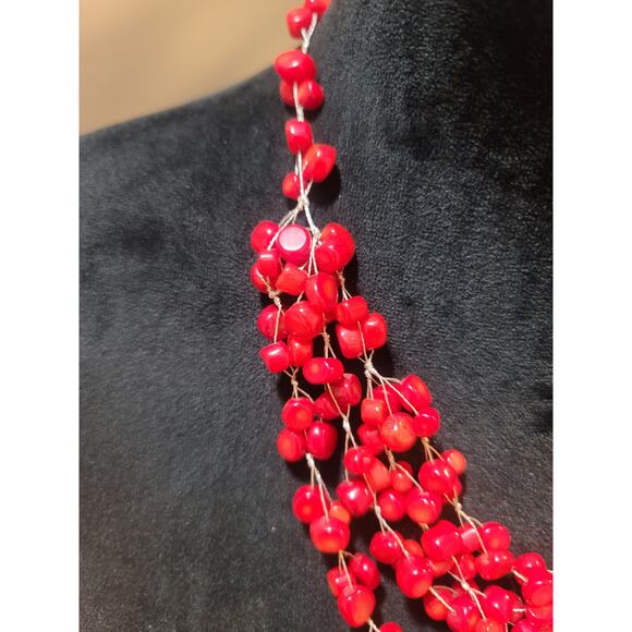 Women's Red Beaded Multi Strand Necklace With Lobster Clasp Handmade Jewelry - Picture 5 of 6